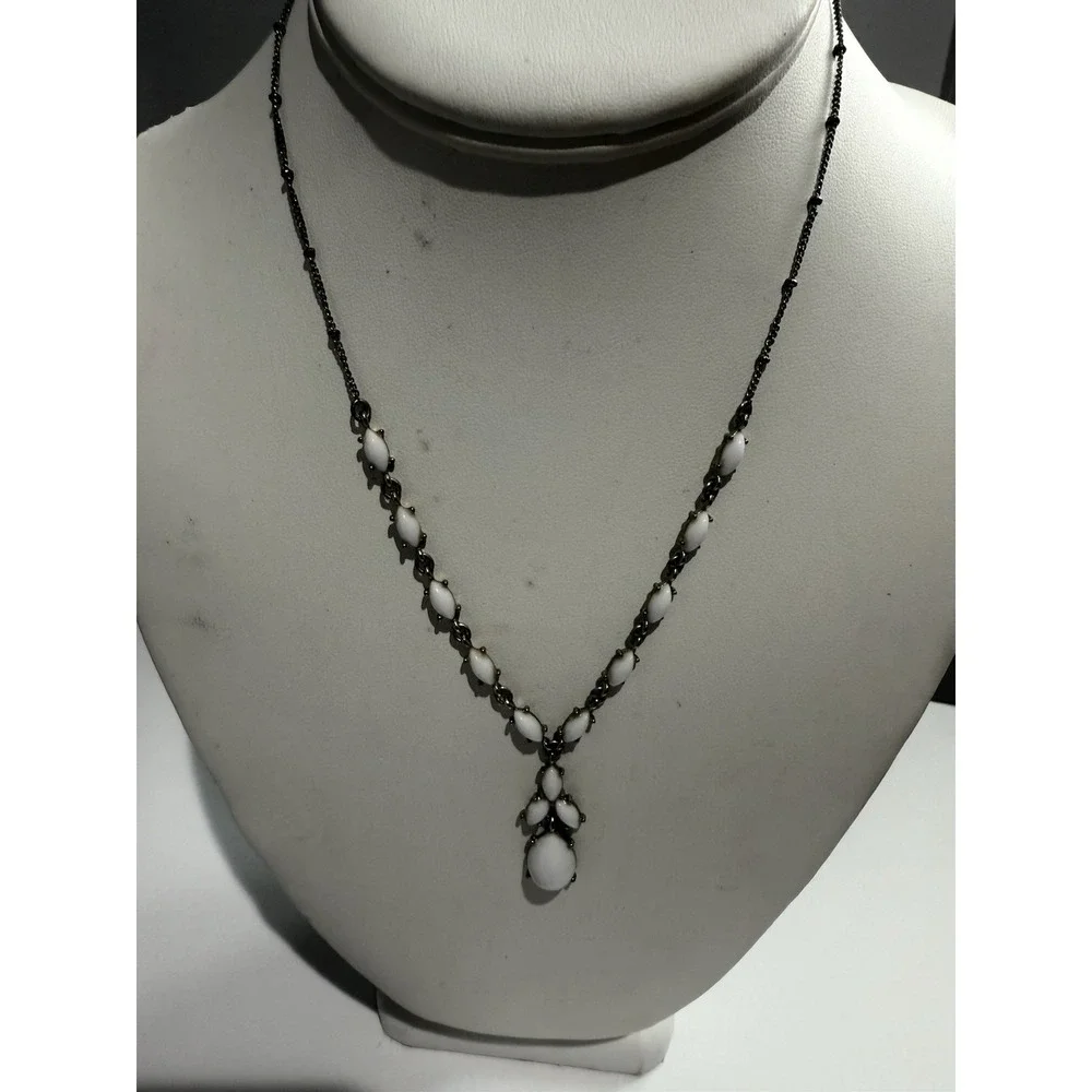 Silver Tone & White Milk Glass‎ Navettes  Y Drop Necklace NR Signed Vintage Avon